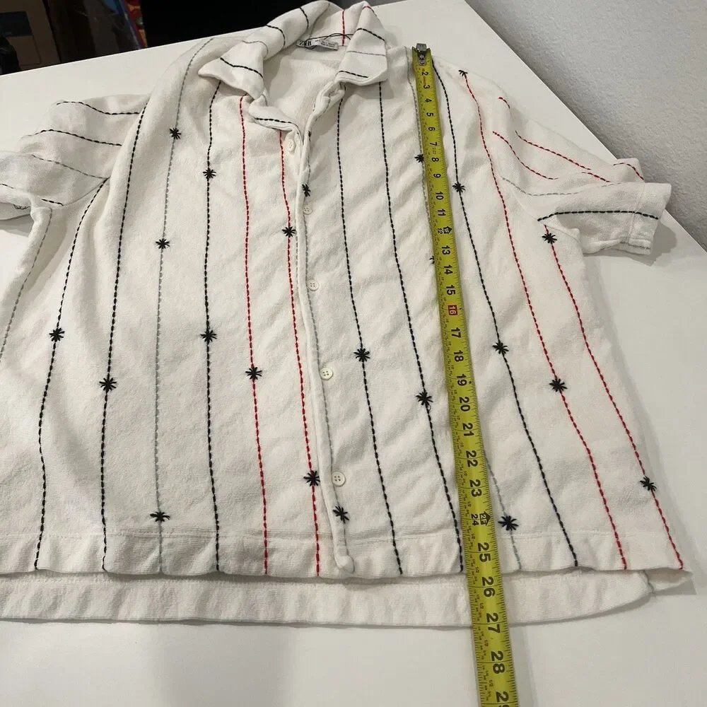 Zara Men Contrast Embroidered Shirt Terry Cloth Sz L Casual Beach Resortwear - Picture 6 of 6
